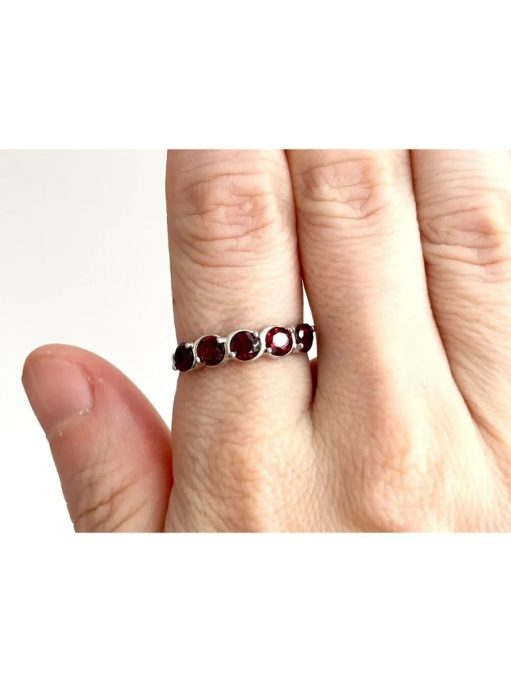 Multi Garnet Gemstone Minimalist Row Set Sterling Silver 925 Vintage Ring - sz 8